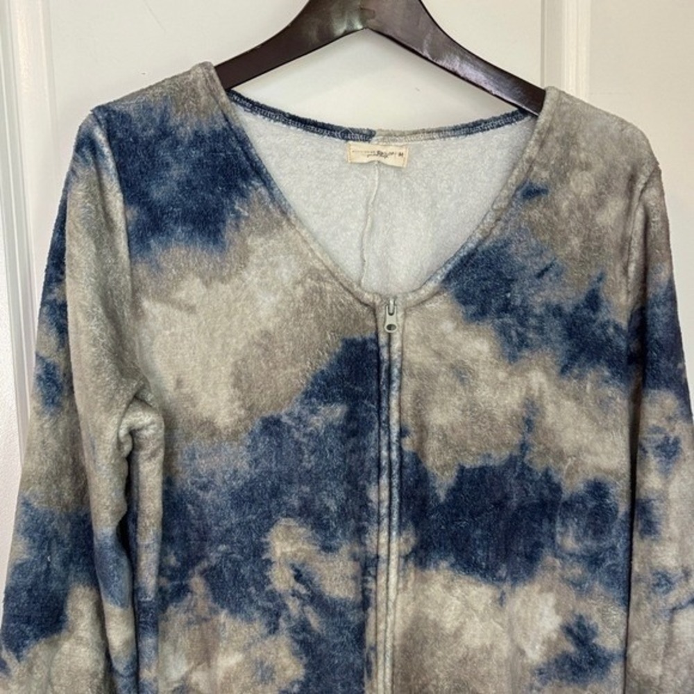 Natural Life Fleece Jumpsuit Blue Grey Womens M Tie Dye Zip Front Loungewear - Picture 5 of 8